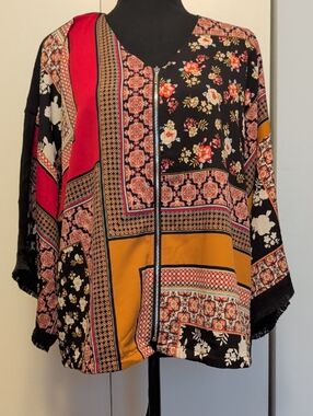 Chico's Mixed Patchwork Floral Zip Top in Black, Red & Mustard